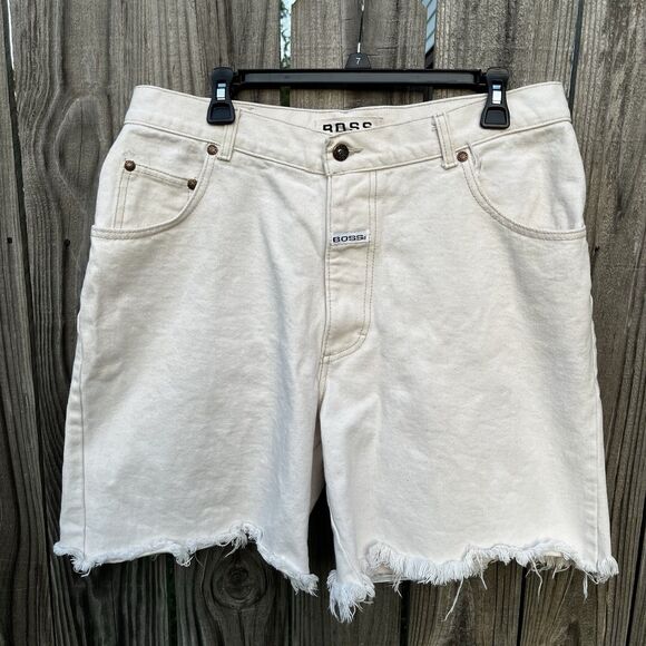Vintage Boss Shorts Mens 36 White Denim Hip Hop Rap 90s Baggy Spellout Logo Fray - Picture 2 of 16